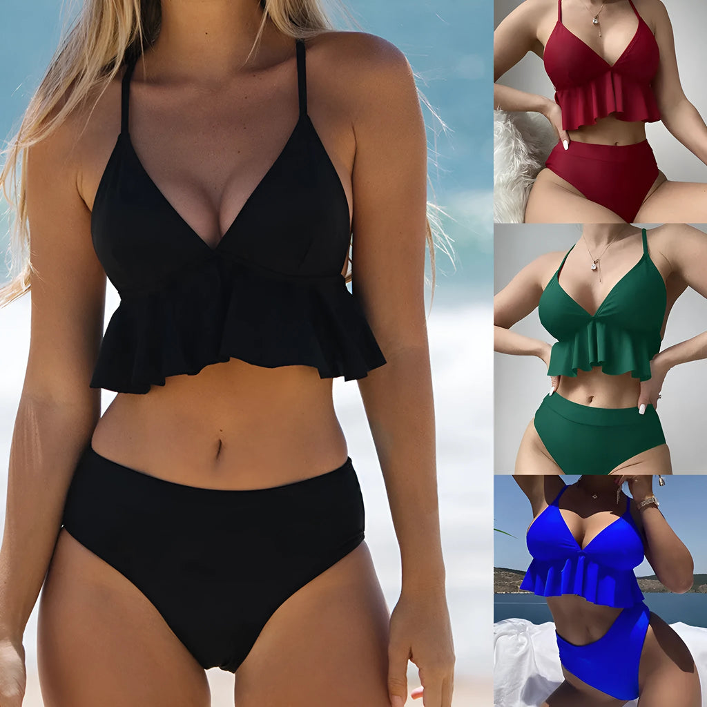 Women's solid colour split bikini swimsuit in polyester fabric on a mannequin
