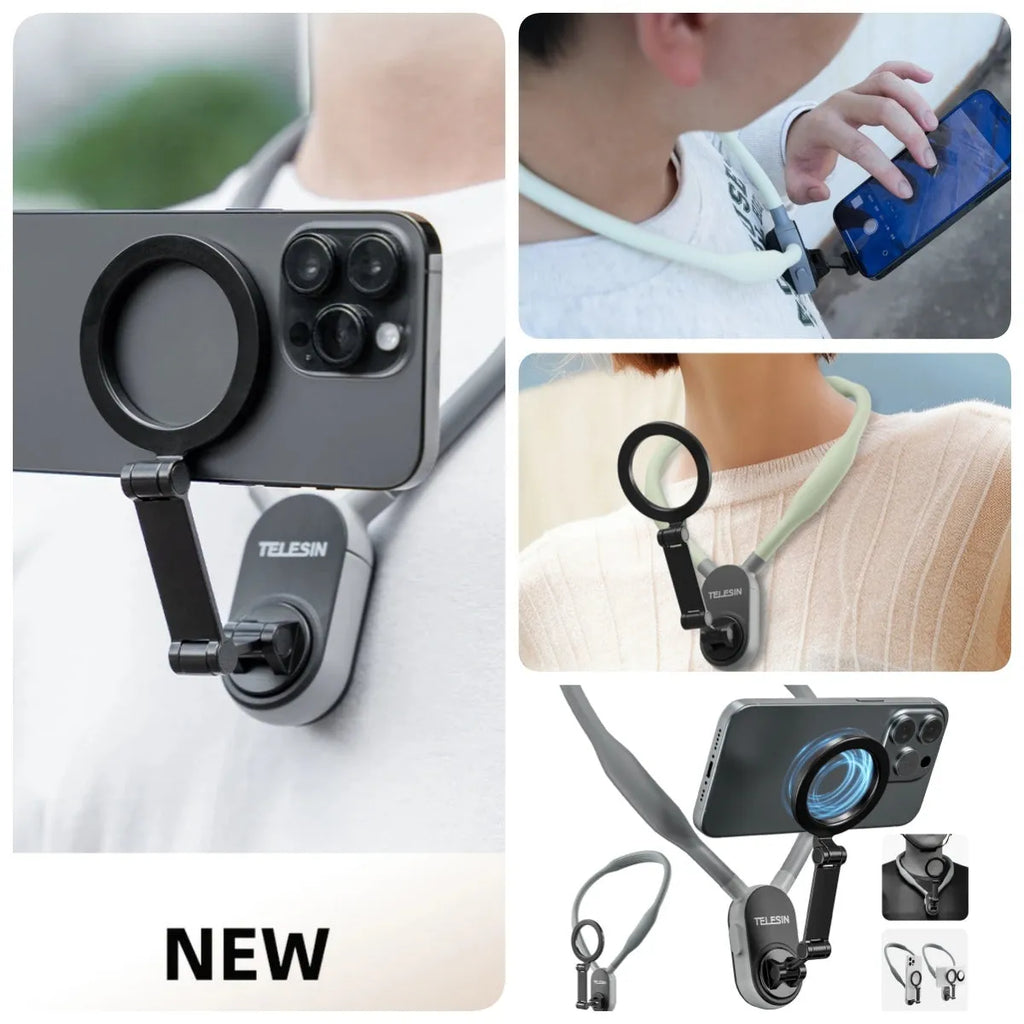 Grey silicone magnetic phone neck mount showing phone attached vertically with anti-release safety rope