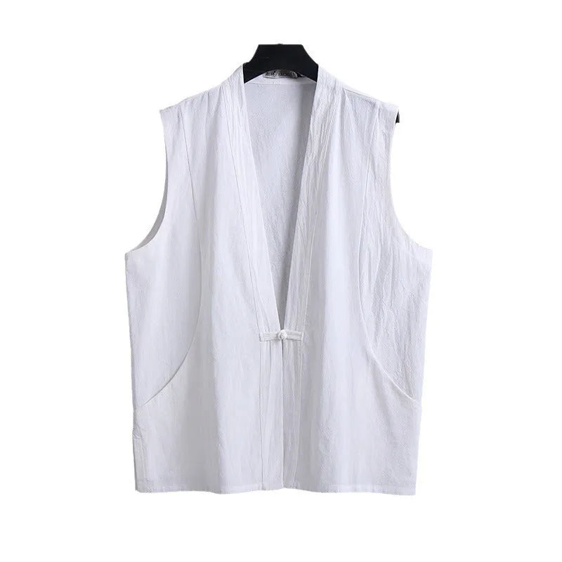 Men's solid colour linen sleeveless vest in a loose fit for summer.