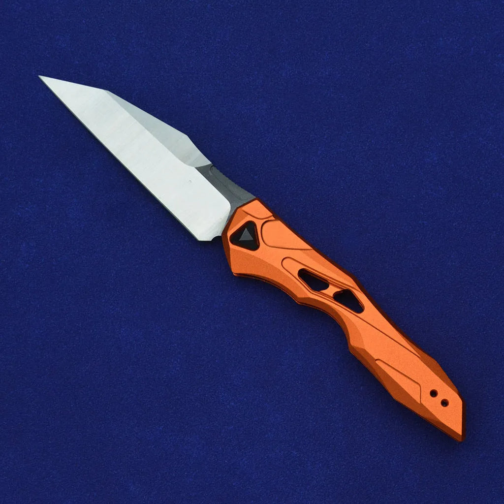 Black folding fruit knife with D2 steel blade and aviation aluminium handle in open position