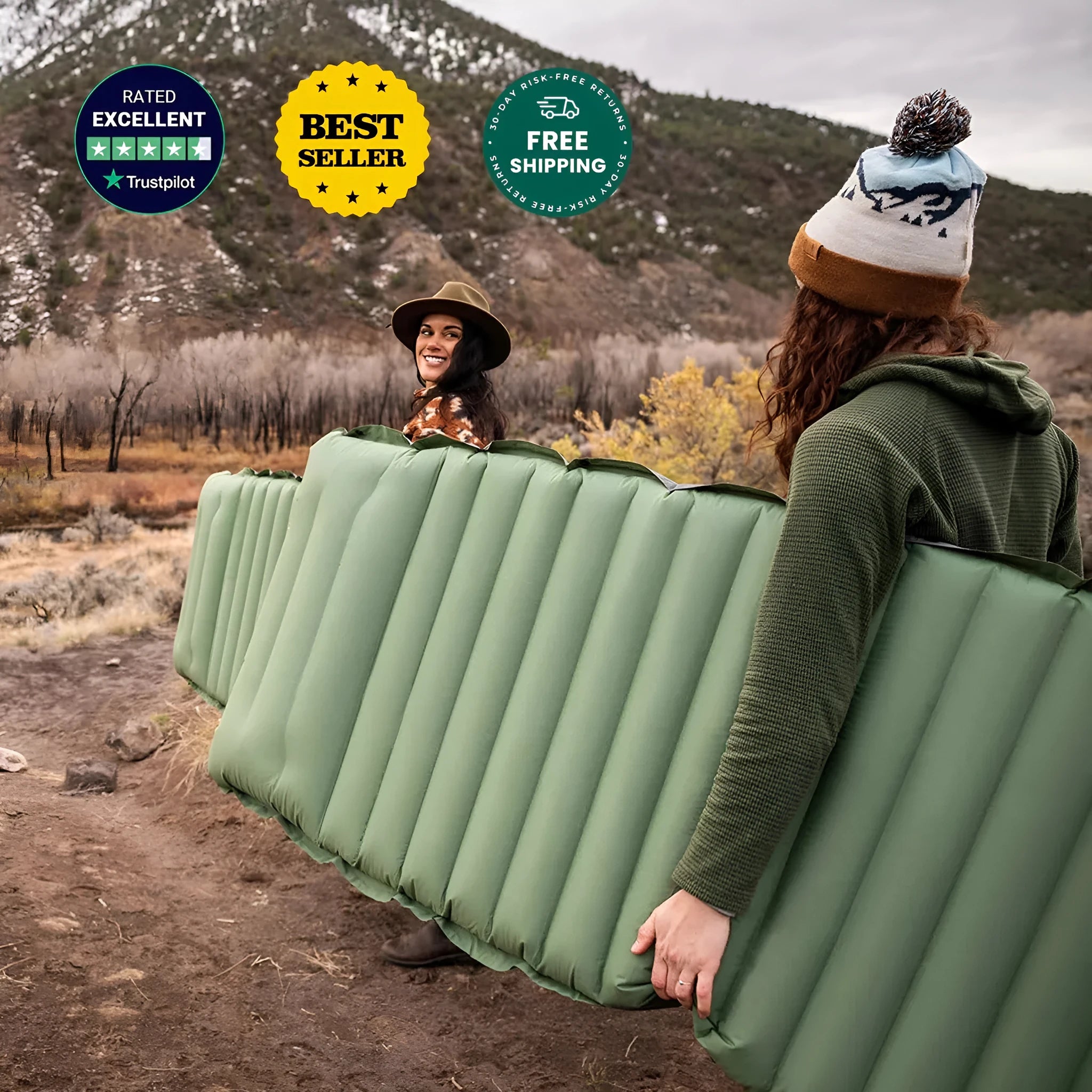 Single inflatable camping mattress in grey colours showing 195cm length and 70cm width dimensions