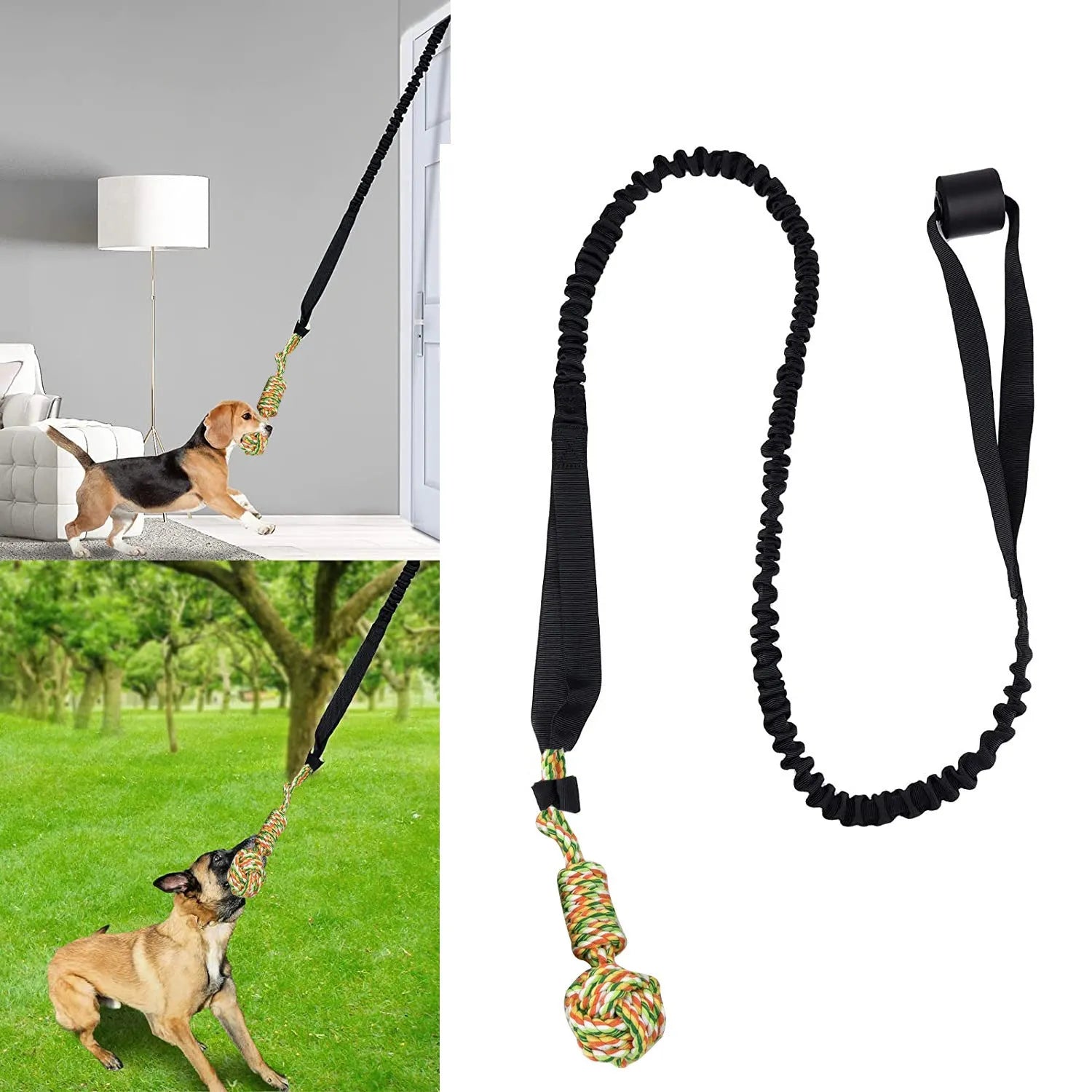 Cotton dog tug of war rope toy in black, grey, or red for chewing and interactive play.