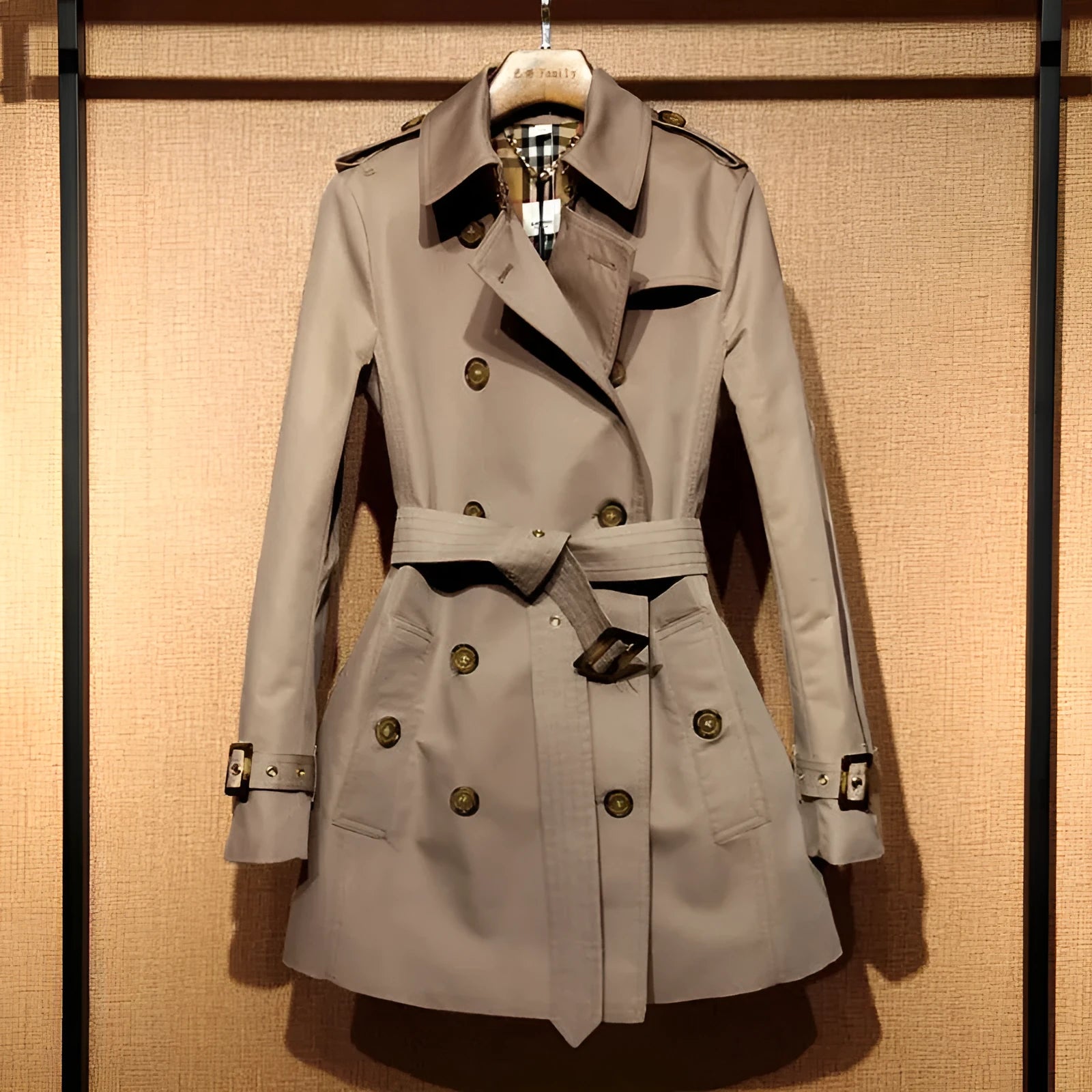 Khaki women's double-breasted polyester trench coat with long flight sleeves