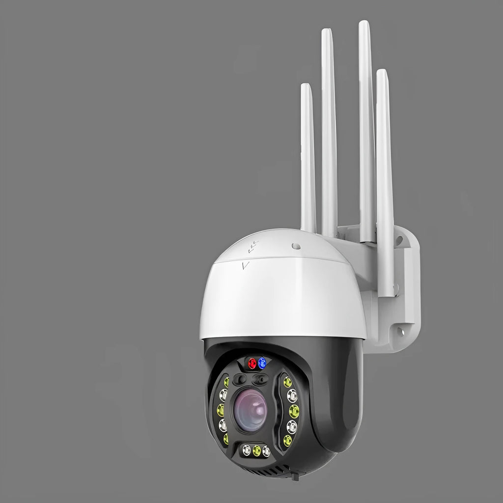 5MP outdoor dome security camera with 360-degree rotation on a white wall