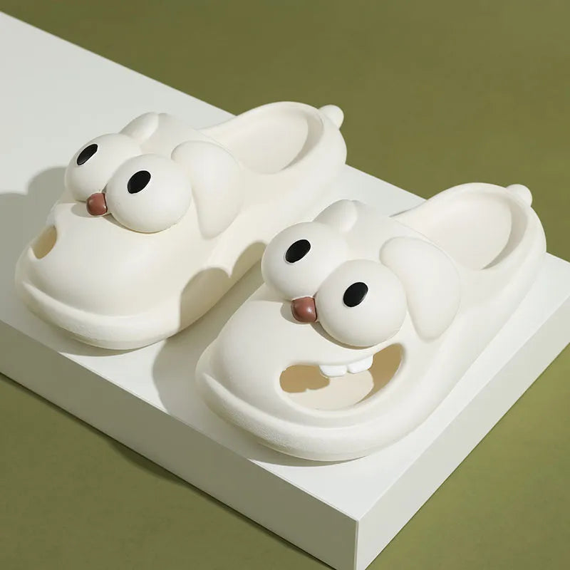 Pair of cartoon big eye dog PVC slippers for women in green colour