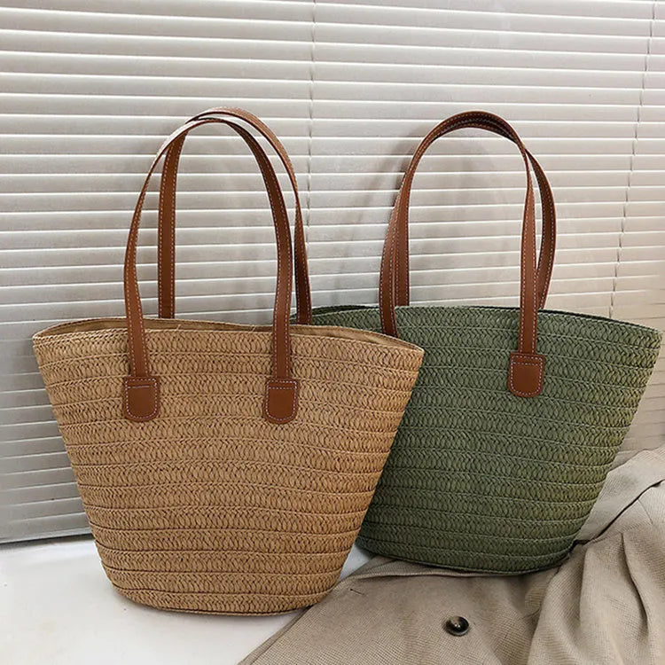 Straw weaving women's handbag in off white with contrast colour detailing