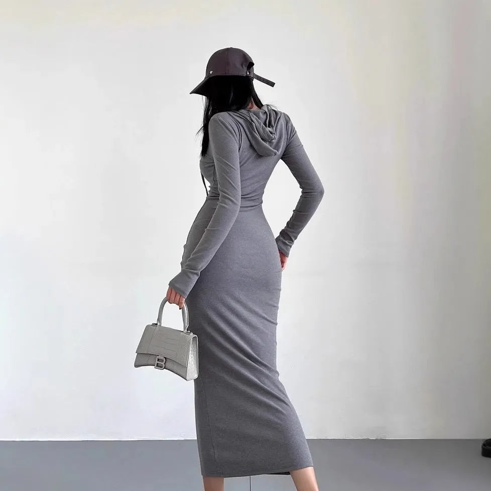 Women's grey sheath dress with hooded long sleeve underlayer and high waist design