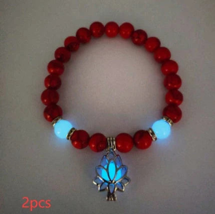 Luminous lotus charm bracelet with mesmerizing glow-in-the-dark beads, made of premium alloy and turquoise fluorescent stone