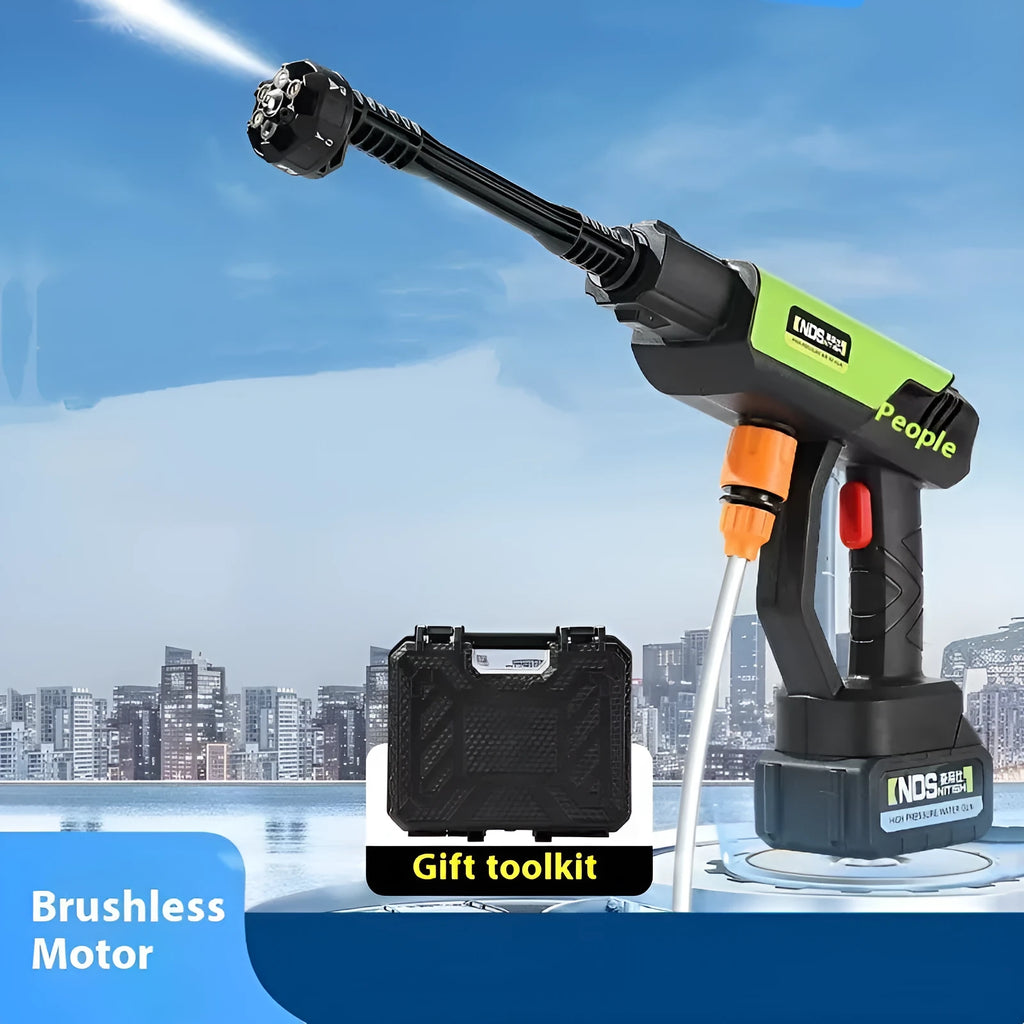 Green wireless high-pressure water gun with metal head and six-in-one nozzle, shown with battery and accessory kit.
