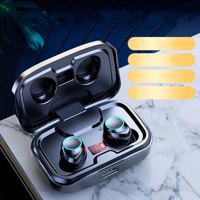 Black wireless Bluetooth in-ear headphones with private mould ear-tips on a white background.