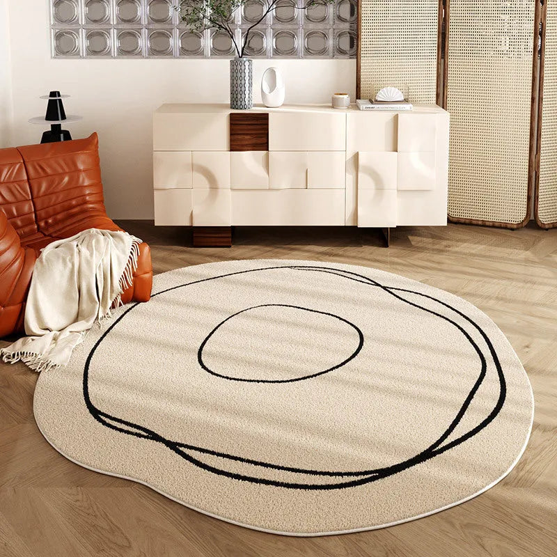 Square polyester carpet with printed stripes, shown in a living room or bedroom, available in six sizes from 60x60cm to 180x180cm.