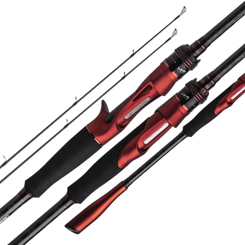 Carbon fishing rod with ultralight cross carbon cloth construction shown in straight handle and pikestaff-style options