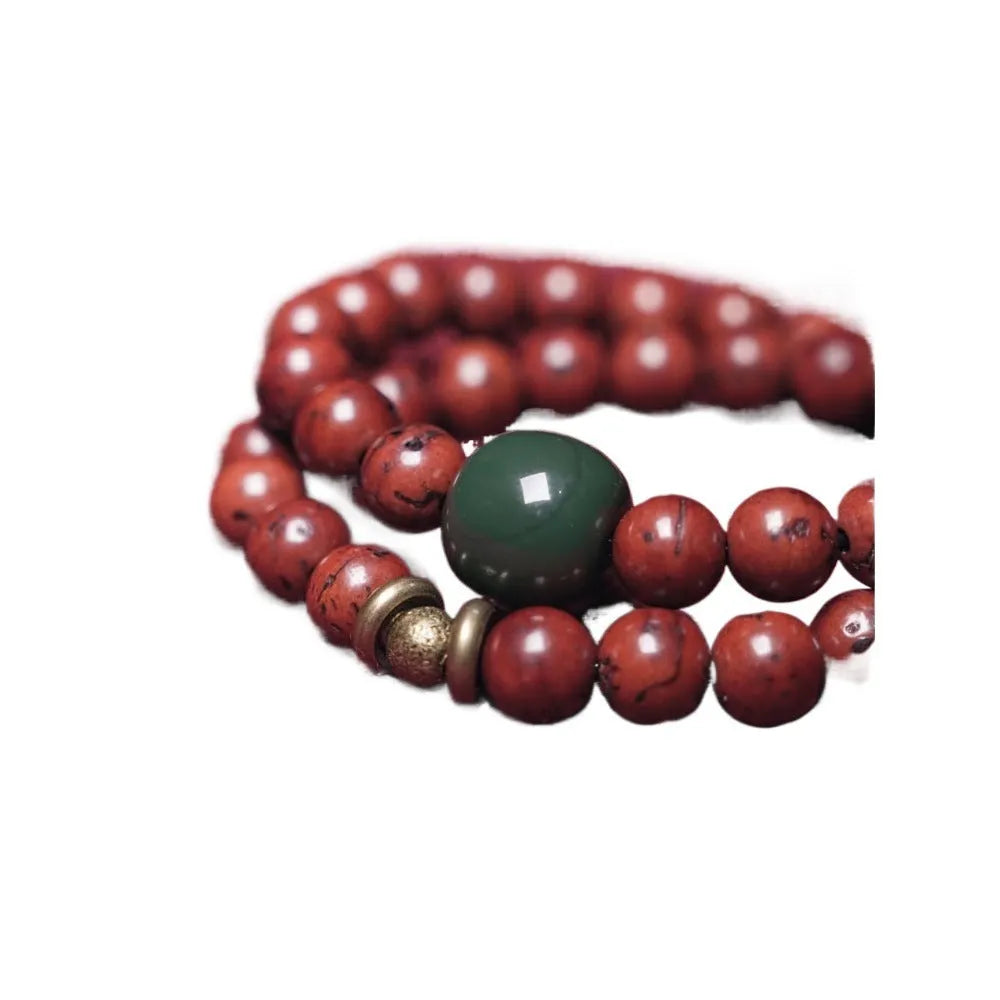 Handmade natural bodhi seed double circle bracelet showing textured seeds and layered design