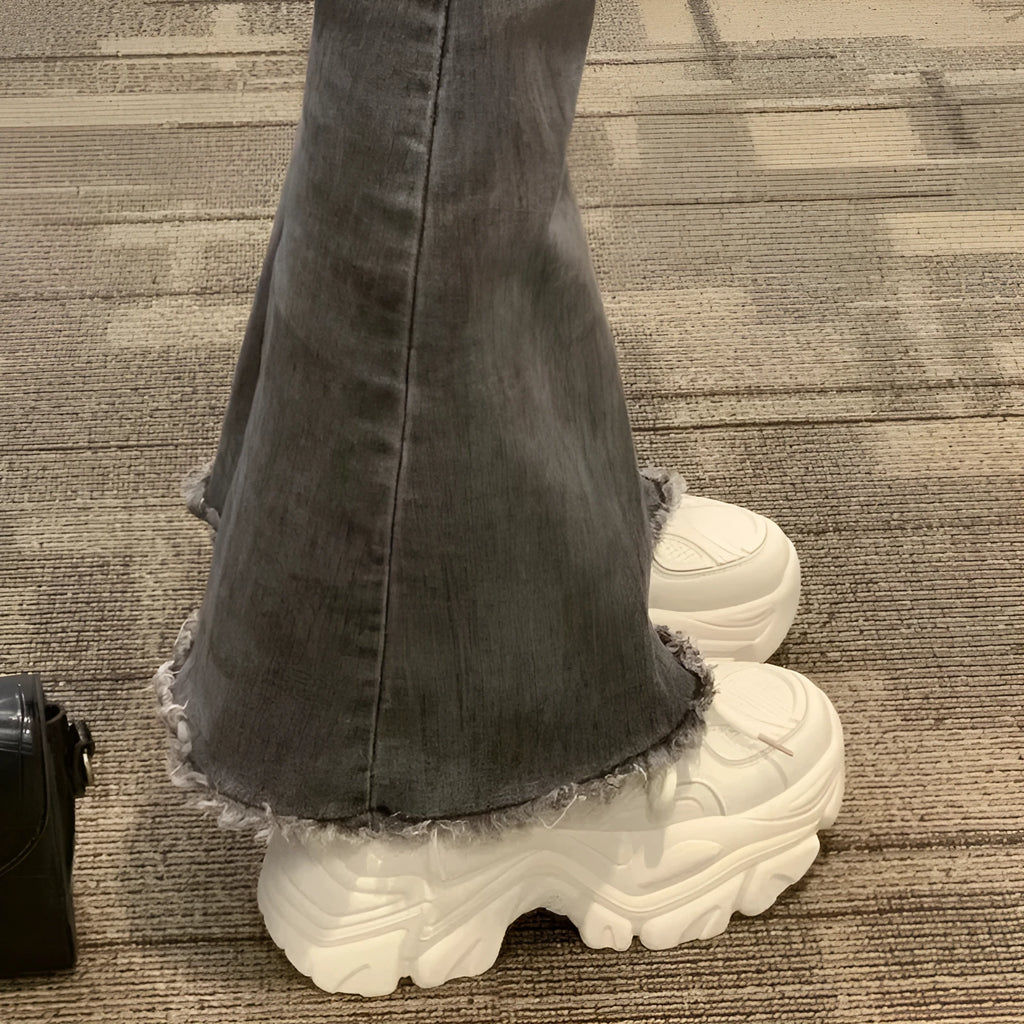 Mid-top platform trainers with 6-8cm high heel, cross strap synthetic leather upper, Goodyear rubber sole, black or creamy white