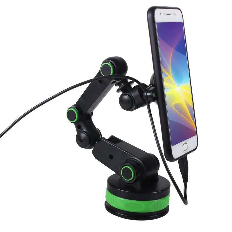 Gravity magnetic car phone holder with suction cup and adjustable arm mounted on dashboard