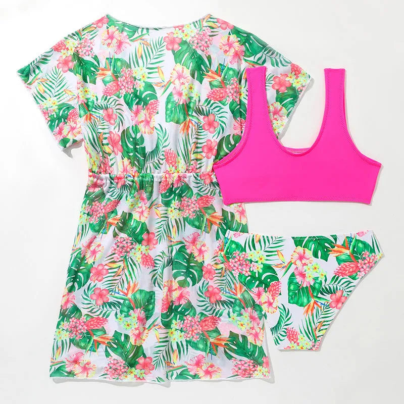 Girls' floral two-piece swimsuit in polyester fabric for swimming