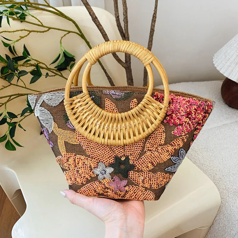 Cotton and linen cylindrical bag with sequin and bamboo joint embroidery, medium soft, light purple colour, three-dimensional pocket