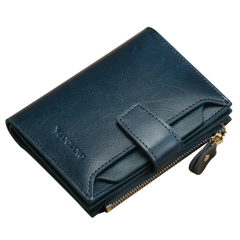 Blue genuine leather anti-theft card swiping coin purse with sewing thread detailing and zipper hasp