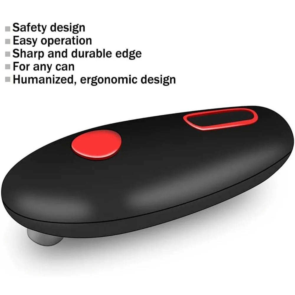 Black plastic electric can opener with battery compartment and cutting mechanism