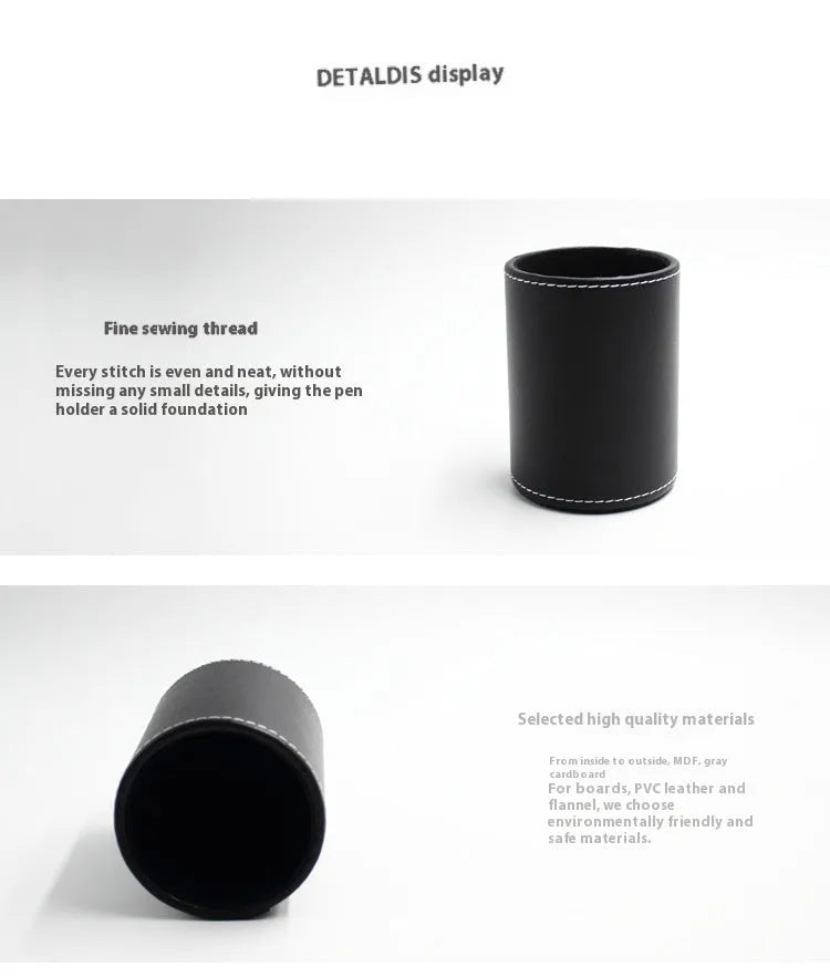 Round black leather pen holder with 8.0cm diameter on desk