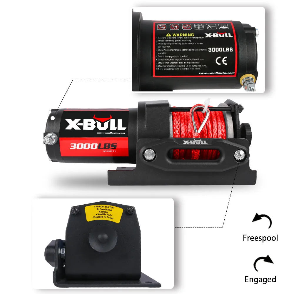 3000 lb electric winch with nylon rope, black, for off road vehicle self rescue, with mounting plate and remote controls