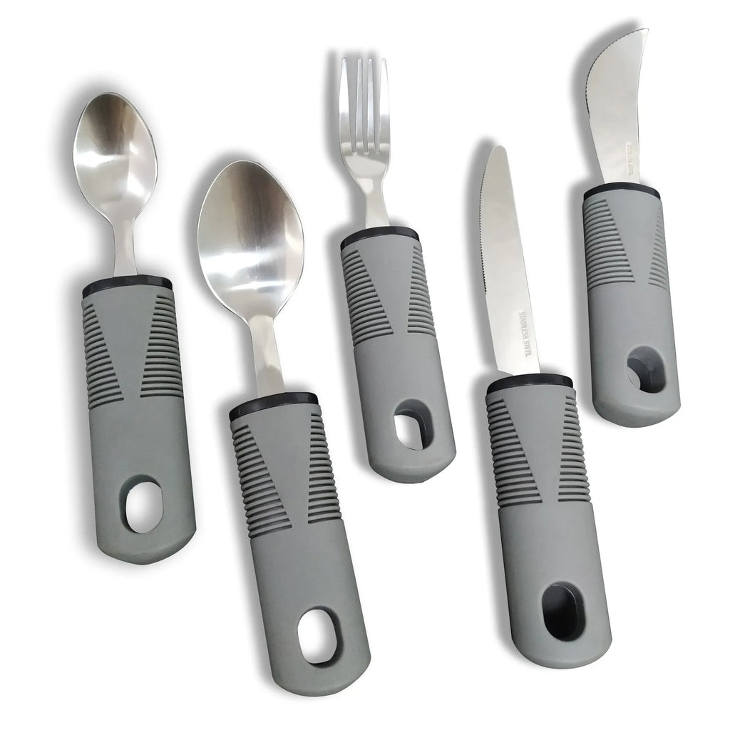 Stainless steel adaptive cutlery with curved rubber handles for tremor support in black and grey options