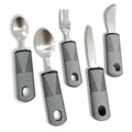Stainless steel adaptive cutlery with curved rubber handles for tremor support in black and grey options
