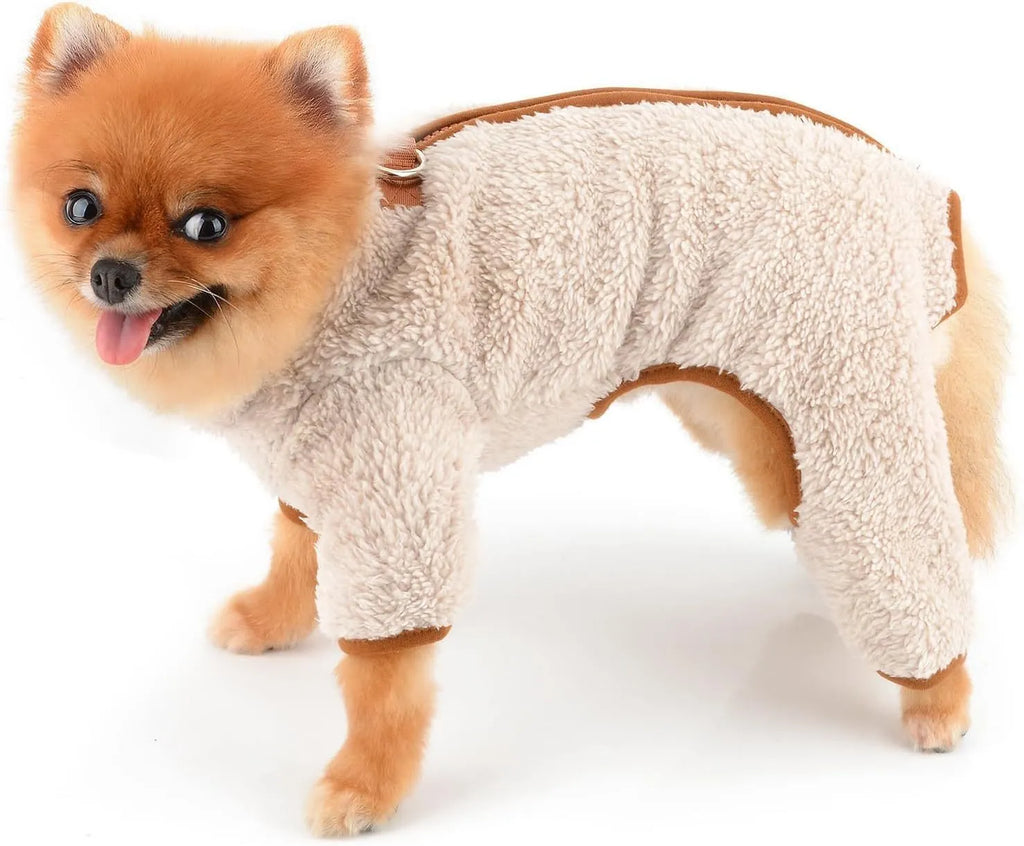Green plush fleece dog jumpsuit coat with a back zipper on a small dog