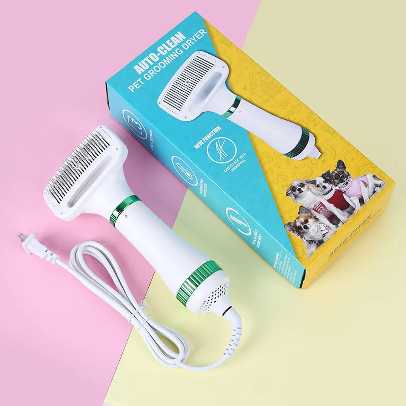 Second generation pet hair dryer with integrated comb in platinum or white/green colour options