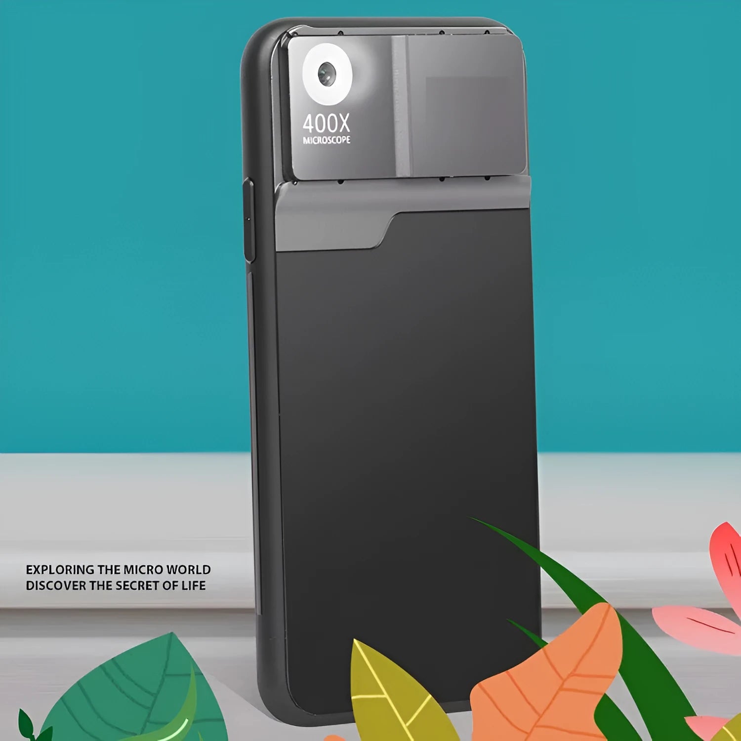 Black and silver 400X mobile phone microscope lens with aluminum alloy TPU case for iPhone.