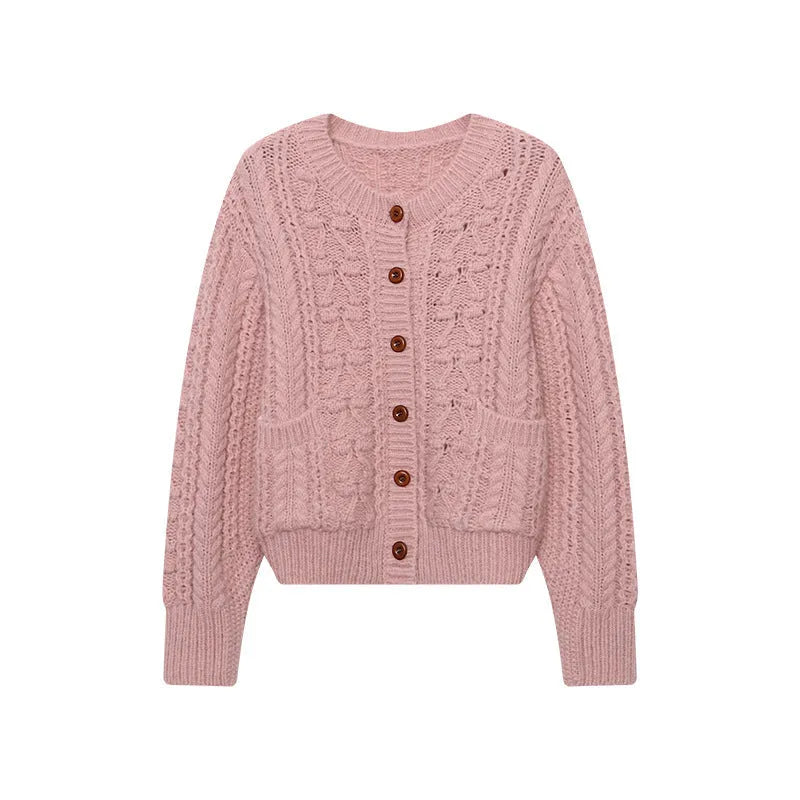 Women's thick needle twisted texture knitted cardigan in solid colour, short 40cm length, front view
