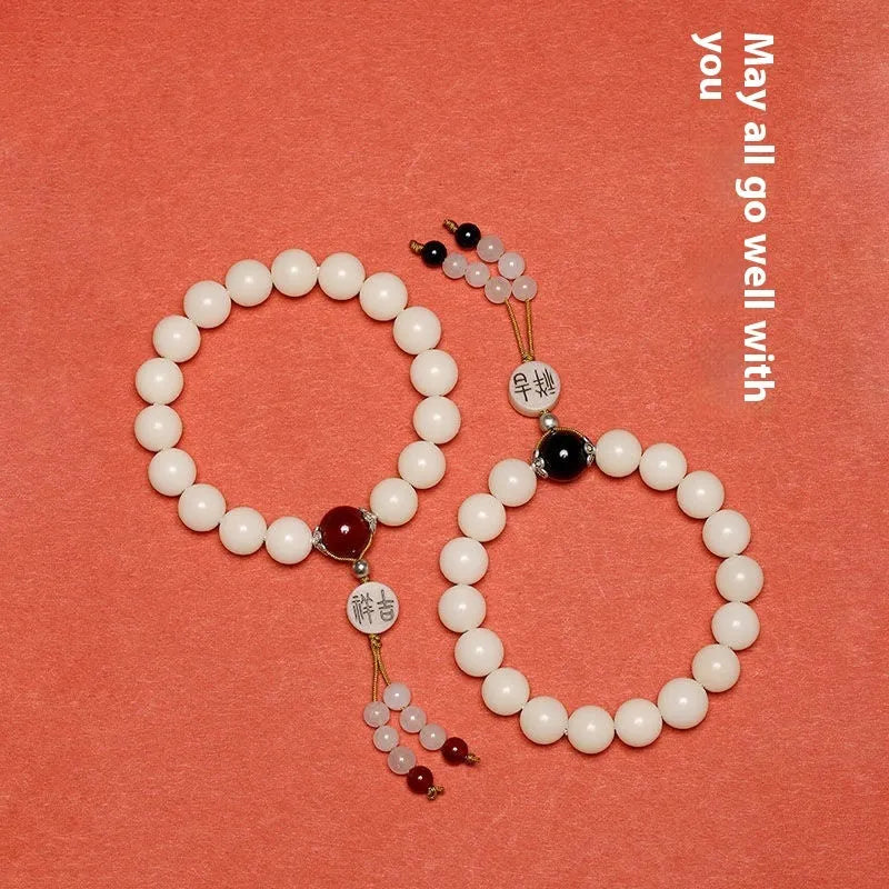 White jade bodhi couple bracelet with 10mm beads and Ruyi charms in national style design
