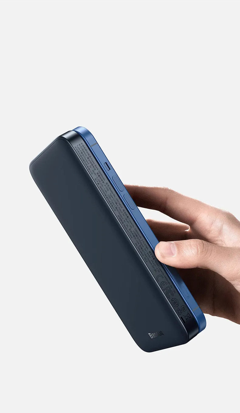 MagSafe magnetic wireless power bank with LCD display in blue or white colour options