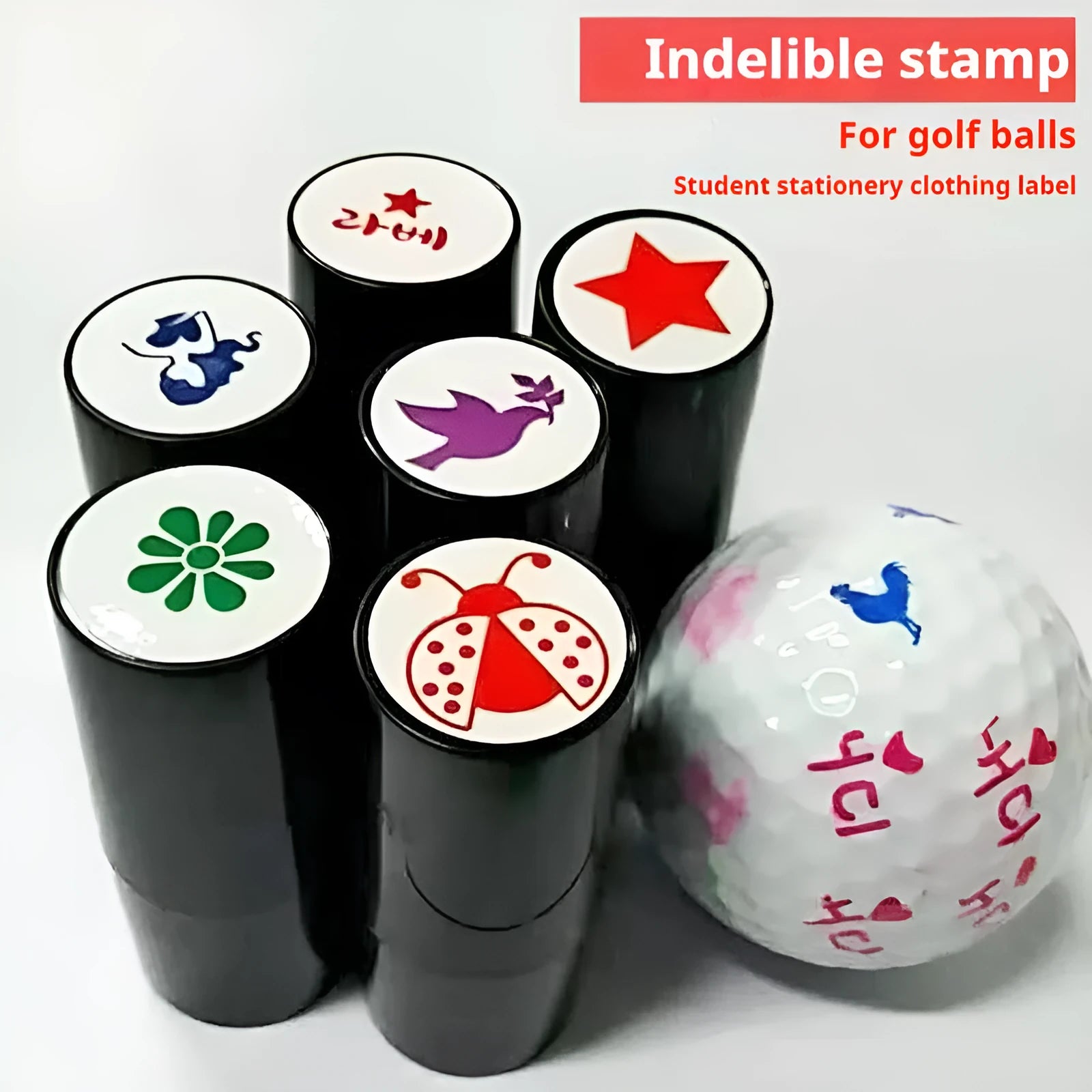 Round plastic stamp for golf balls with 20mm diameter in five colour options