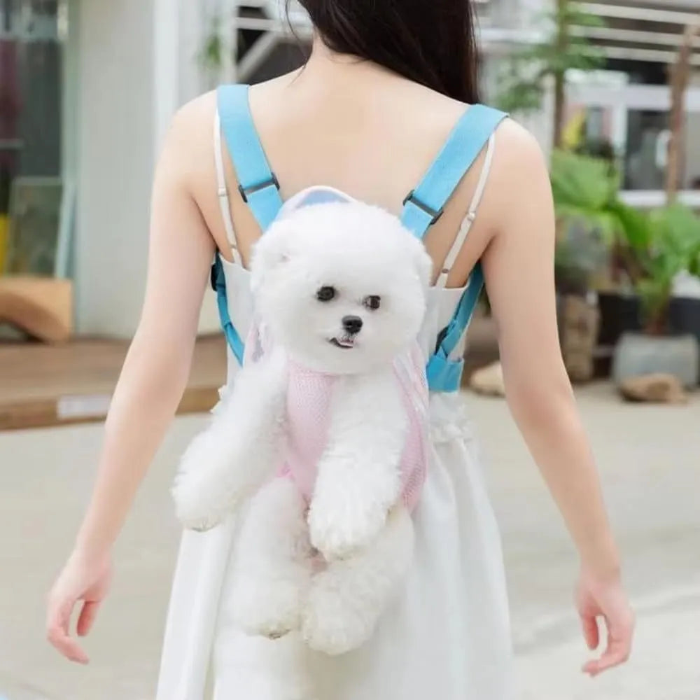 Furry Pawsy pet carrier backpack with leg holes, breathable mesh, adjustable straps, available in multiple colours and sizes