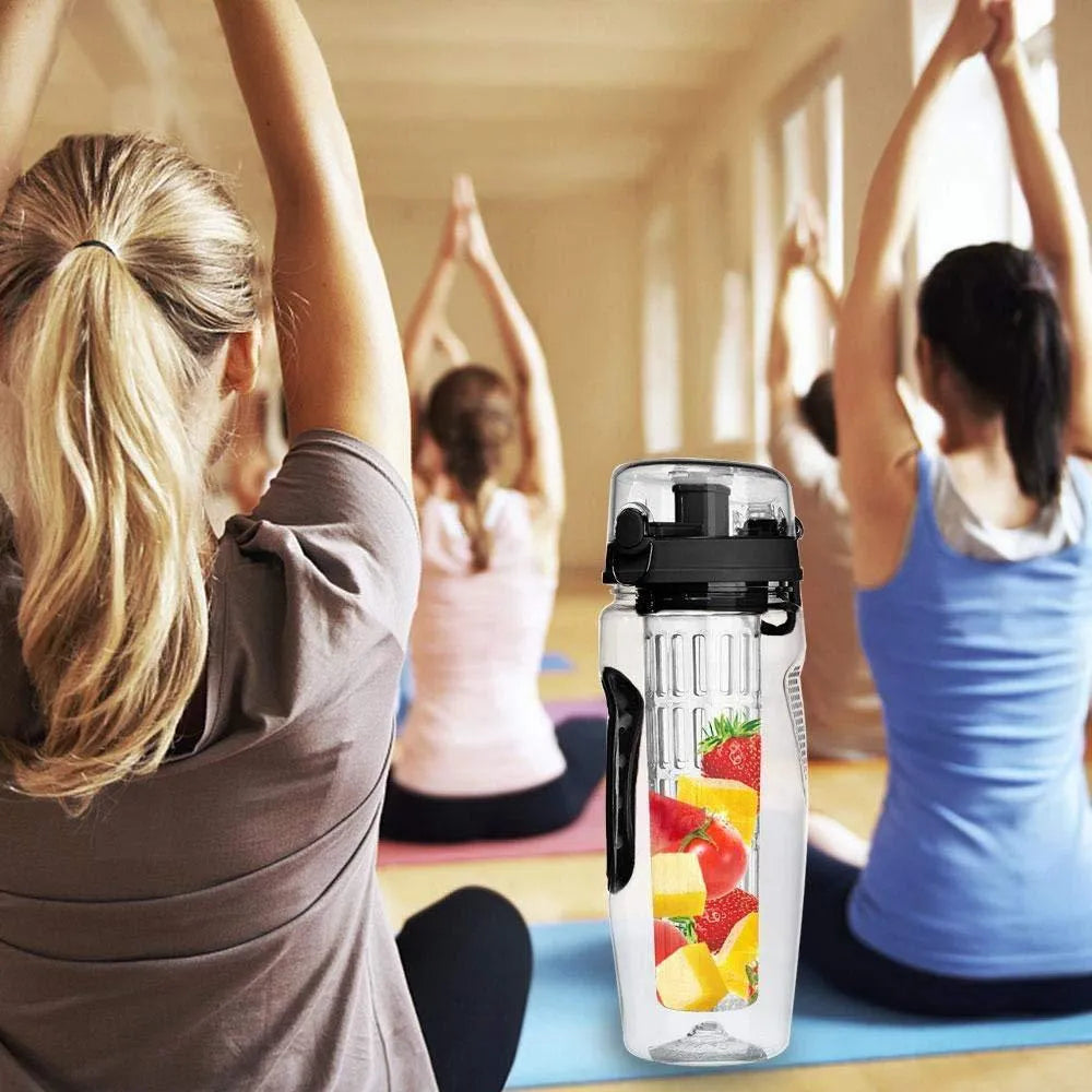 32oz Tritan fruit infuser water bottle with fruit cup, showing seven style options