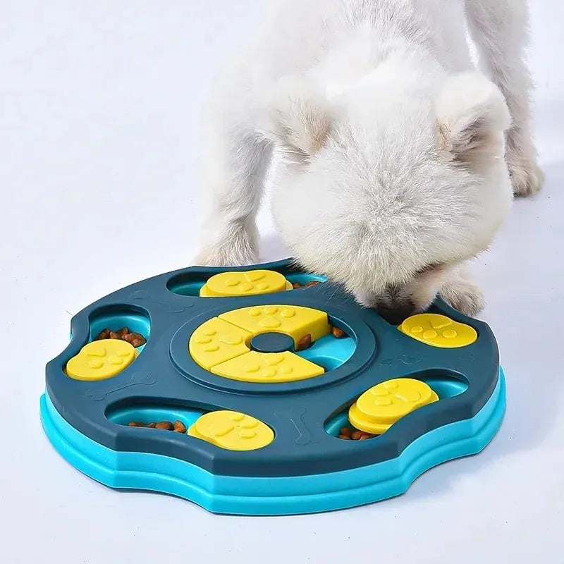 Blue dog puzzle food feeder toy with interactive compartments for slow feeding and mental stimulation
