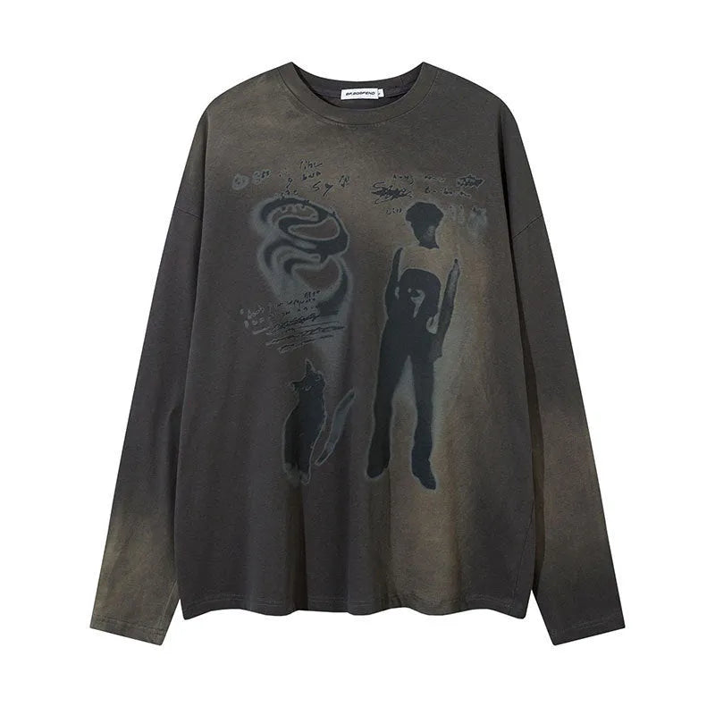 Women's loose grey cotton top with drop-shoulder sleeves and printed letter design.