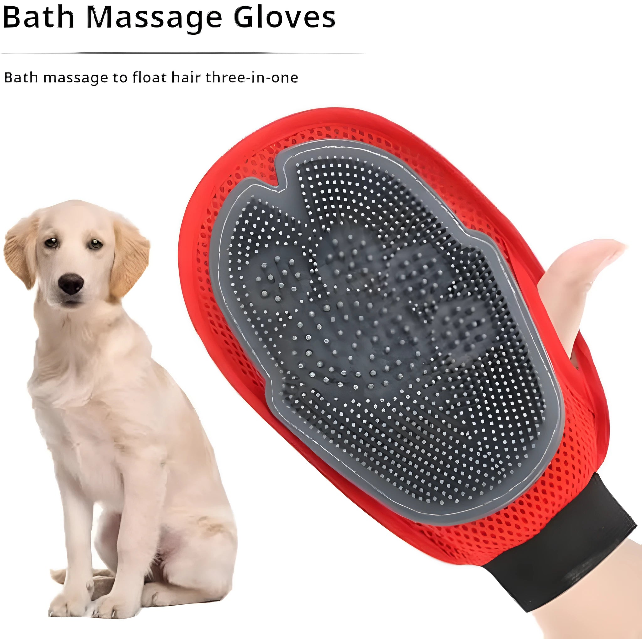 Red pet bathing glove with rubber brush surface for grooming and massage functions