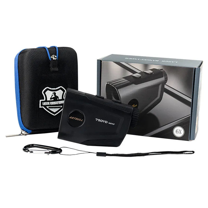 Golf laser rangefinder with slope compensation and flag vibration lock showing LCD display and measurement modes