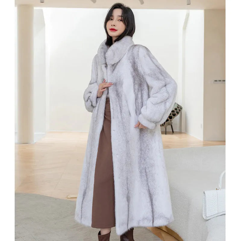 Women's white faux fur coat with stand-up collar shown at 80cm length
