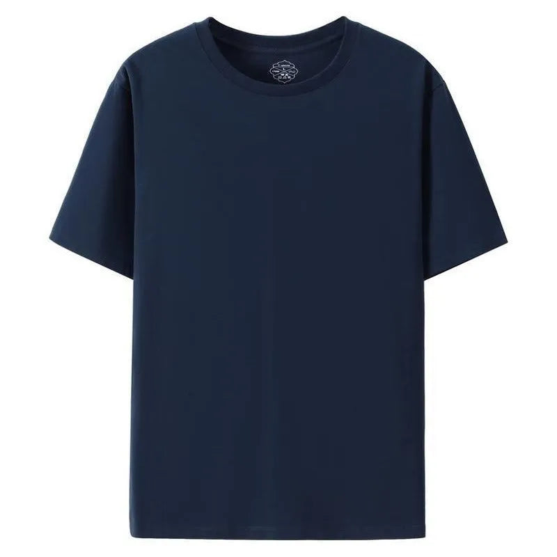 Black and white slim fit round neck short sleeve cotton t-shirt on a hanger.
