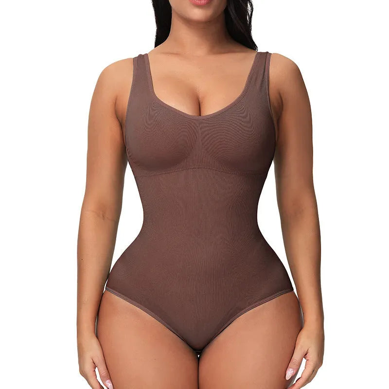 Seamless nylon women's bodysuit for waist support and body sculpting in green colour.