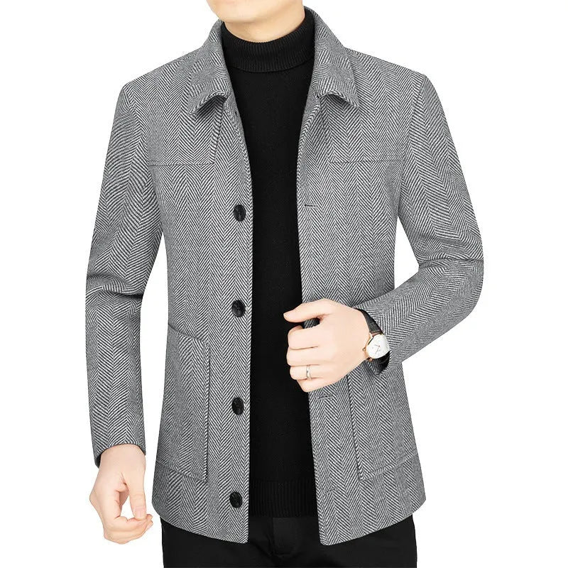 Men's lapel woolen business casual jacket in khaki color, long sleeves, regular length