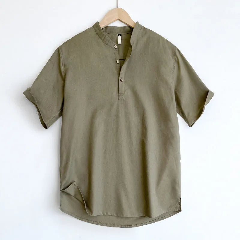 Men's solid colour short sleeve T-shirt in thin cotton linen blend fabric on a hanger.