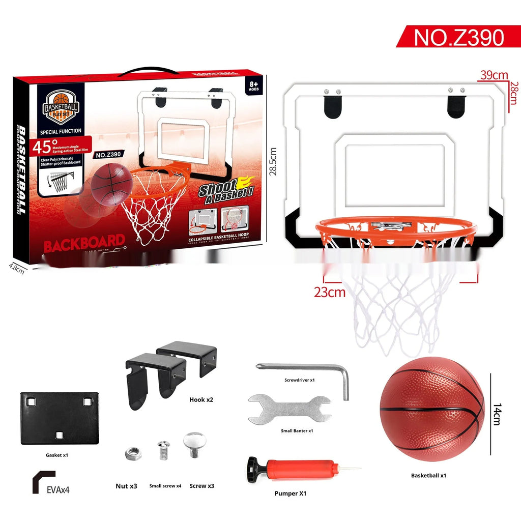 Red folding basketball frame with suction cup mount showing dual-use dunk and ball rack functions