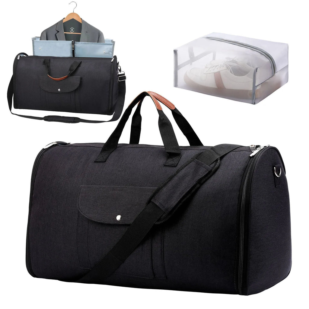 Dark blue folding duffel bag made from Oxford cloth with carry handles, showing its size and style.