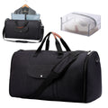 Dark blue folding duffel bag made from Oxford cloth with carry handles, showing its size and style.