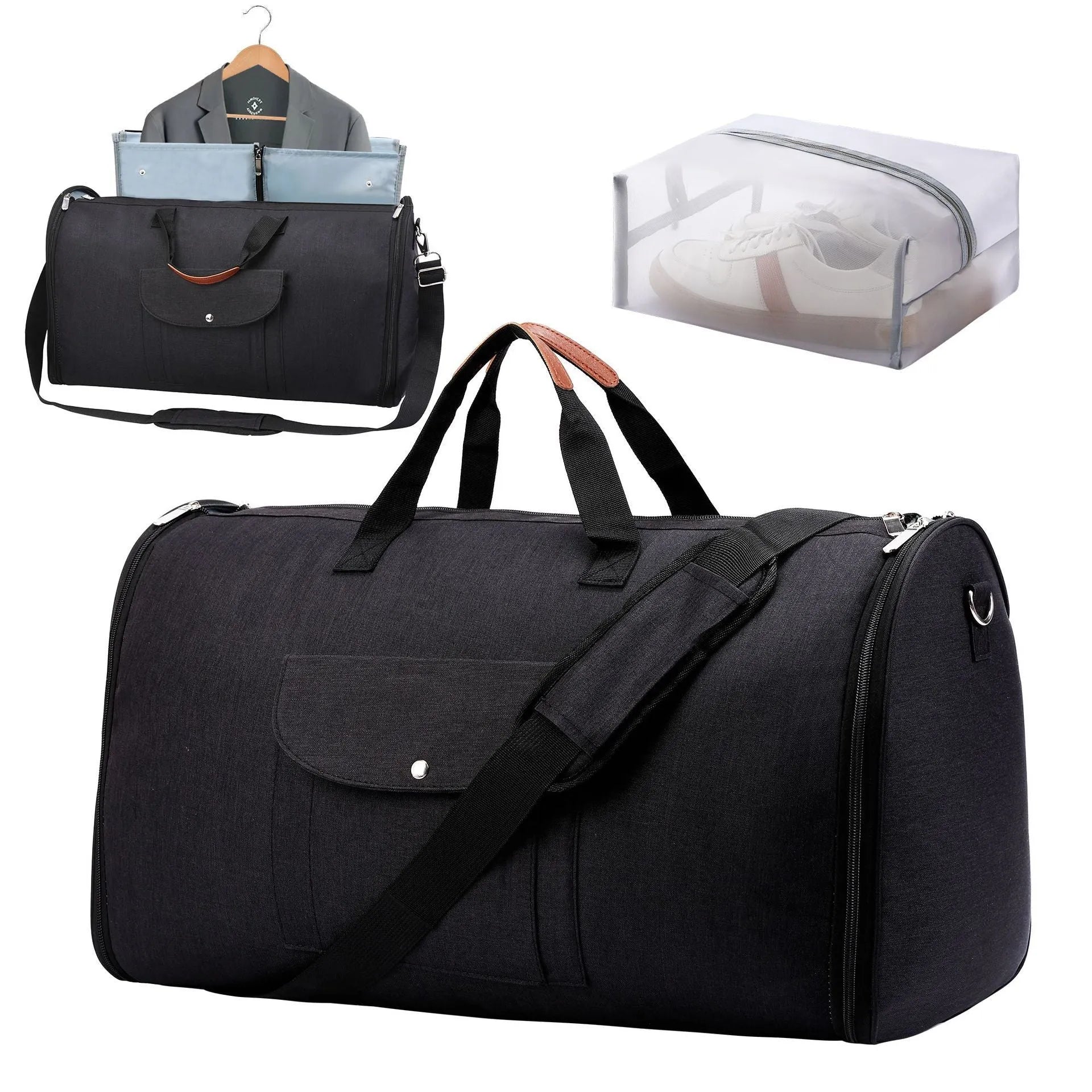 Dark blue folding duffel bag made from Oxford cloth with carry handles, showing its size and style.