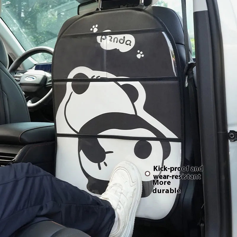 Large black and white leather Naughty Panda anti-kick pad for car backseat protection with cartoon design